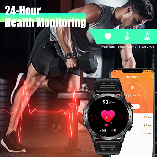 Military Smart Watches for Men with Bluetooth Call 1.43" AMOLED Always On Display Rugged Outdoor Tactical Smartwatch with Heart Rate Blood Pressure Sleep Monitor Sports Fitness Watch for Android iOS