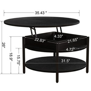 FABATO Round Lift Top Coffee Table with Storage and Hidden Compartment, 35.43'' Farmhouse Coffee Table for Living Room Reception Room, 2 Tier Large Round Coffee Table Round Dining Table, Black