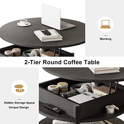 FABATO Round Lift Top Coffee Table with Storage and Hidden Compartment, 35.43'' Farmhouse Coffee Table for Living Room Reception Room, 2 Tier Large Round Coffee Table Round Dining Table, Black