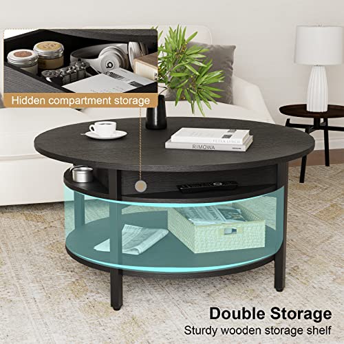 FABATO Round Lift Top Coffee Table with Storage and Hidden Compartment, 35.43'' Farmhouse Coffee Table for Living Room Reception Room, 2 Tier Large Round Coffee Table Round Dining Table, Black