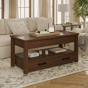 FABATO 41.7'' Coffee Table, Lift Top Coffee Table with Storage Drawers and Hidden Compartment, Retro Central Table with Wooden Lift Tabletop for Living Room, Espresso