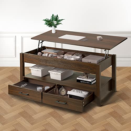 FABATO 41.7'' Coffee Table, Lift Top Coffee Table with Storage Drawers and Hidden Compartment, Retro Central Table with Wooden Lift Tabletop for Living Room, Espresso