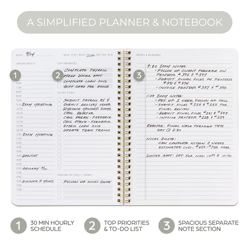 Simplified Daily Planner And Notebook With Hourly Schedule - Aesthetic Spiral To do List Notepad to Easily Organize Your Tasks And Appointments - Stylish Book And School Or Office Supplies For Women