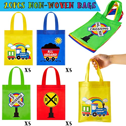 Sweetude 20 Pcs Reusable Mini Train Party Tote Bags 9.84 x 7.87 Inch Train Goodie Candy Favor Bags Train Birthday Party Supplies with Long Handles for Kids Birthday Baby Shower Decoration