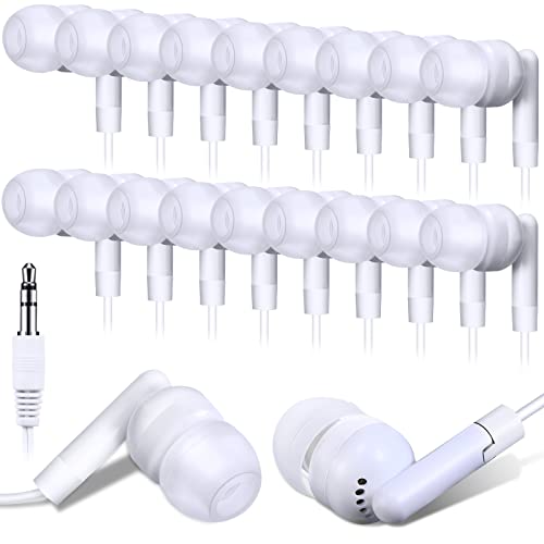 Kanayu 100 Pack Wired Earbuds Bulk Earbuds for Classroom White in Ear Headphones Wired Basic Student Earbuds No Microphone with 3.5 MM Jack for Kids Schools Libraries Laptop, Individually Bagged