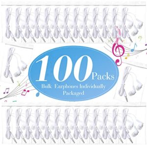 Kanayu 100 Pack Wired Earbuds Bulk Earbuds for Classroom White in Ear Headphones Wired Basic Student Earbuds No Microphone with 3.5 MM Jack for Kids Schools Libraries Laptop, Individually Bagged