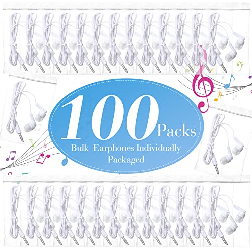 Kanayu 100 Pack Wired Earbuds Bulk Earbuds for Classroom White in Ear Headphones Wired Basic Student Earbuds No Microphone with 3.5 MM Jack for Kids Schools Libraries Laptop, Individually Bagged