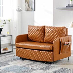 VKKILPEE Modern Pull Out Sofa Bed Convertible Couch Bed PU Sofa Sleeper with 2 Pillows & Side Pockets Small Full Bed Loveseat Futon Couch Sleeper with Headboard, Easy Assembly, Brown