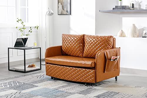VKKILPEE Modern Pull Out Sofa Bed Convertible Couch Bed PU Sofa Sleeper with 2 Pillows & Side Pockets Small Full Bed Loveseat Futon Couch Sleeper with Headboard, Easy Assembly, Brown