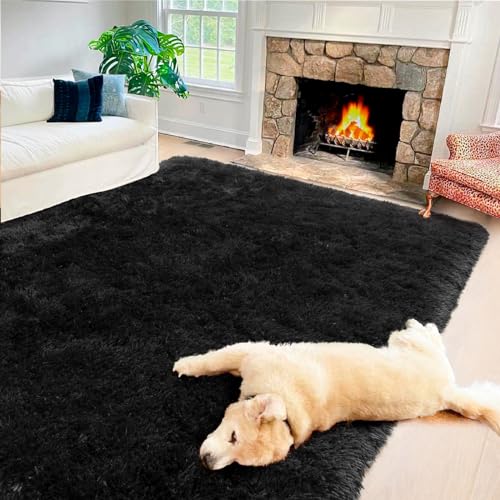 Vasofe Super Soft 5x7 Black Fluffy Area Rug for Bedroom, Large Fuzzy Living Room Rug, Shag Plush Nursery Rug for Kids Dorm Classroom Teen Shaggy Furry Throw Carpet, Indoor Home Decor Floor Mat