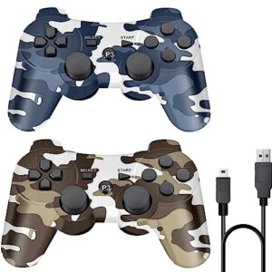 Rzzhgzq 2 Pack PS3 Wireless Controller Playstation 3 Controller Wireless Bluetooth Gamepad with USB Charger Cable for PS3 Console (Camo Brown+ Camo Blue)