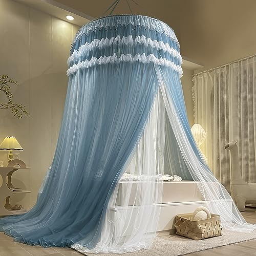 RIRC Bed Canopy Double Dome Canopy Bed Curtains Ceiling Suspension Mosquito Net for Bed Large Size Mosquito Netting Pink Bed Tent Luxury Bedroom Princess Canopy for Girls Bed (Blue)