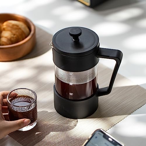 TWOFUTU French Press Coffee Maker, Stainless Steel/High Borosilicate Glass Coffee Press, Cold and Hot Coffee Pot, Suitable Use for Restaurants, Home Kitchens, Travel or Offices. 600ml, Black.
