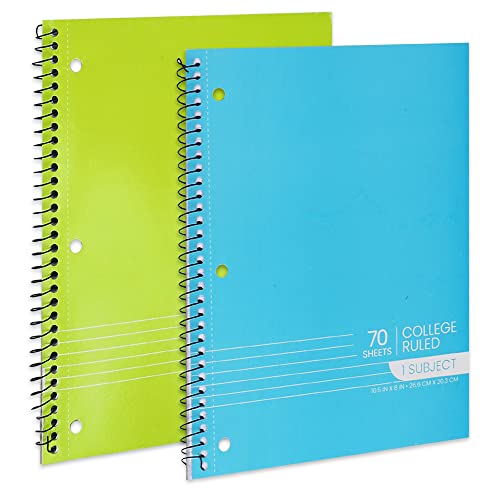 Spiral Notebooks, 1-Subject Notebook, College Ruled Notebooks - 70 Sheets - 3 Hole Punched, Subject Notebooks for School Classroom, Home, Office - Perforated Pages, Assorted Colors - (2 Pack)