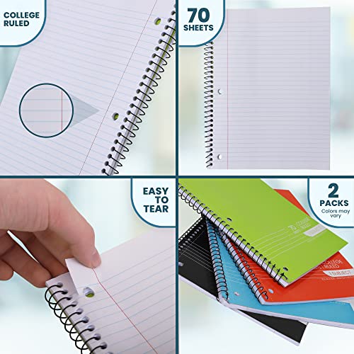 Spiral Notebooks, 1-Subject Notebook, College Ruled Notebooks - 70 Sheets - 3 Hole Punched, Subject Notebooks for School Classroom, Home, Office - Perforated Pages, Assorted Colors - (2 Pack)