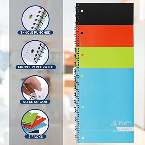 Spiral Notebooks, 1-Subject Notebook, College Ruled Notebooks - 70 Sheets - 3 Hole Punched, Subject Notebooks for School Classroom, Home, Office - Perforated Pages, Assorted Colors - (2 Pack)