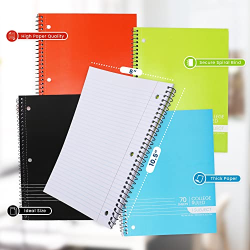 Spiral Notebooks, 1-Subject Notebook, College Ruled Notebooks - 70 Sheets - 3 Hole Punched, Subject Notebooks for School Classroom, Home, Office - Perforated Pages, Assorted Colors - (2 Pack)