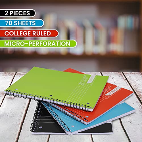 Spiral Notebooks, 1-Subject Notebook, College Ruled Notebooks - 70 Sheets - 3 Hole Punched, Subject Notebooks for School Classroom, Home, Office - Perforated Pages, Assorted Colors - (2 Pack)