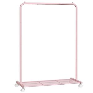 songmics clothes rack with wheels, 36 inch garment rack, clothing rack for hanging clothes, with dense mesh storage shelf, 110 lb load capacity, 2 brakes, steel frame, jelly pink uhsr025p01