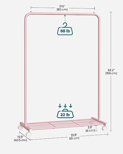 SONGMICS Clothes Rack with Wheels, 36 Inch Garment Rack, Clothing Rack for Hanging Clothes, with Dense Mesh Storage Shelf, 110 lb Load Capacity, 2 Brakes, Steel Frame, Jelly Pink UHSR025P01