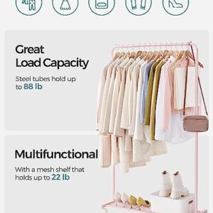 SONGMICS Clothes Rack with Wheels, 36 Inch Garment Rack, Clothing Rack for Hanging Clothes, with Dense Mesh Storage Shelf, 110 lb Load Capacity, 2 Brakes, Steel Frame, Jelly Pink UHSR025P01