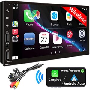 double din car stereo with wireless apple carplay & android auto, 7inch touchscreen car audio receiver, wireless car radio with bluetooth, backup camera/mirrorlink/fm/swc/subwoofer/2 usb/aux input