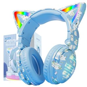 kerhand 2023-new cosplay cute cat ear wireless headphones, bluetooth earphones with foldable led light(rgb), perfect for gaming and music,compatible phone tablet or laptop(blue)