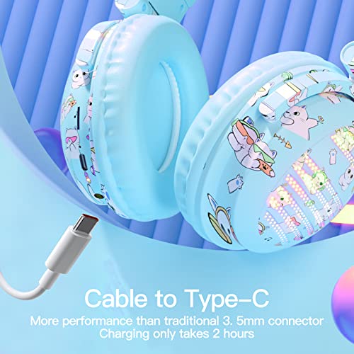 KERHAND 2023-NEW Cosplay Cute Cat Ear Wireless Headphones, Bluetooth Earphones with Foldable LED Light(RGB), Perfect for Gaming and Music,Compatible Phone Tablet or Laptop(Blue)