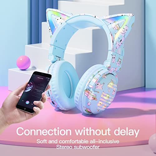 KERHAND 2023-NEW Cosplay Cute Cat Ear Wireless Headphones, Bluetooth Earphones with Foldable LED Light(RGB), Perfect for Gaming and Music,Compatible Phone Tablet or Laptop(Blue)