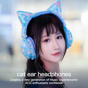 KERHAND 2023-NEW Cosplay Cute Cat Ear Wireless Headphones, Bluetooth Earphones with Foldable LED Light(RGB), Perfect for Gaming and Music,Compatible Phone Tablet or Laptop(Blue)