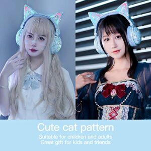 KERHAND 2023-NEW Cosplay Cute Cat Ear Wireless Headphones, Bluetooth Earphones with Foldable LED Light(RGB), Perfect for Gaming and Music,Compatible Phone Tablet or Laptop(Blue)