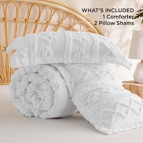 Bedsure Tufted Boho Comforter Set Queen - White Boho Bedding Comforter Set, 3 Pieces Farmhouse Shabby Chic Embroidery Bed Set, Soft Jacquard Comforter for Women Men Girls