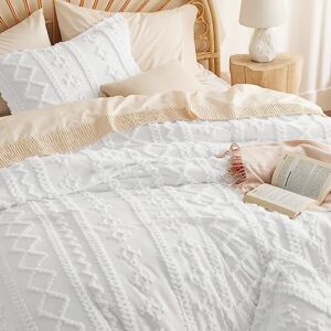 Bedsure Tufted Boho Comforter Set Queen - White Boho Bedding Comforter Set, 3 Pieces Farmhouse Shabby Chic Embroidery Bed Set, Soft Jacquard Comforter for Women Men Girls