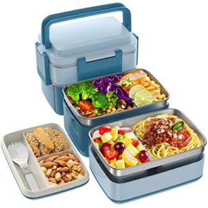 jscares stainless steel bento box adult lunch box, 3 stackable bento lunch containers, portable modern style adult bento box, leakproof 51oz bento lunch box for kids and adults (blue)