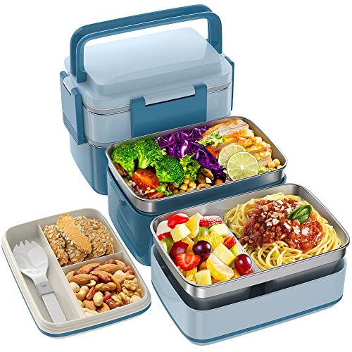 JSCARES Stainless Steel Bento Box Adult Lunch Box, 3 Stackable Bento Lunch Containers, Portable Modern Style Adult Bento Box, Leakproof 51OZ Bento Lunch Box for Kids and Adults (Blue)