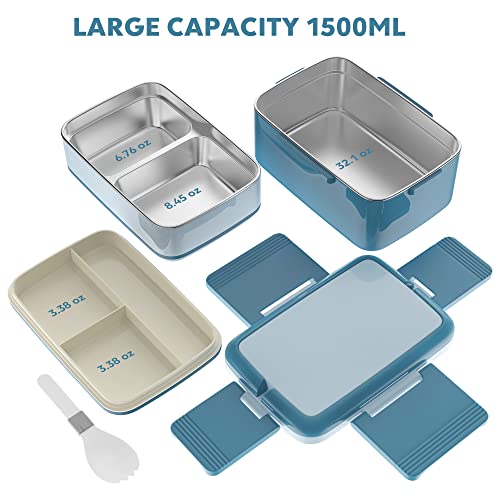 JSCARES Stainless Steel Bento Box Adult Lunch Box, 3 Stackable Bento Lunch Containers, Portable Modern Style Adult Bento Box, Leakproof 51OZ Bento Lunch Box for Kids and Adults (Blue)