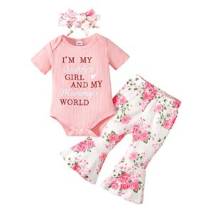 tokidaring infant baby girl romper bodysuit tops flared bell bottom pants cute summer outfits with headband 3-6m pink