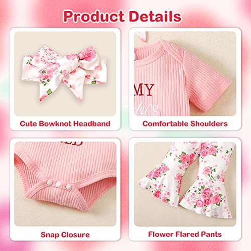 Tokidaring Infant Baby Girl Romper Bodysuit Tops Flared Bell Bottom Pants Cute Summer Outfits with Headband 3-6M Pink