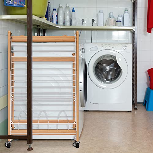 tonchean Collapsible Drying Racks for Laundry with Wheels, Heavy Duty Commercial Foldable Laundry Drying Rack Wooden Clothes Drying Rack Free Standingwith Adjustable Iron Wings
