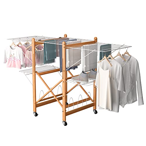tonchean Collapsible Drying Racks for Laundry with Wheels, Heavy Duty Commercial Foldable Laundry Drying Rack Wooden Clothes Drying Rack Free Standingwith Adjustable Iron Wings