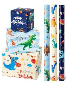 dinosaur wrapping paper rolls - 3 rolls 17” x 120” happy birthday wrapping paper kids wrapping paper rolls boy dinosaur gift wrap paper dinosaur party favor happy bday wrap with cutting line on back