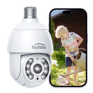 nufebs 1080p/2mp light bulb security camera 2.4g wifi security cameras wireless outdoor indoor for home security, 355° monitoring, auto tracking, 24/7 recording, color night vision