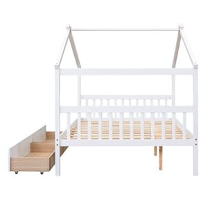 Merax Full Size Wooden House Bed with Two Drawers, Wood Bed Frame with Roof for Kids, Teens, Boys or Girls, White