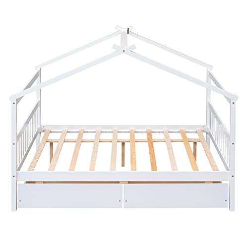 Merax Full Size Wooden House Bed with Two Drawers, Wood Bed Frame with Roof for Kids, Teens, Boys or Girls, White