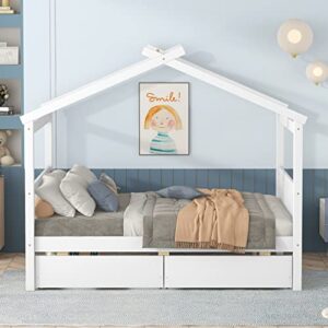 Merax Full Size Wooden House Bed with Two Drawers, Wood Bed Frame with Roof for Kids, Teens, Boys or Girls, White