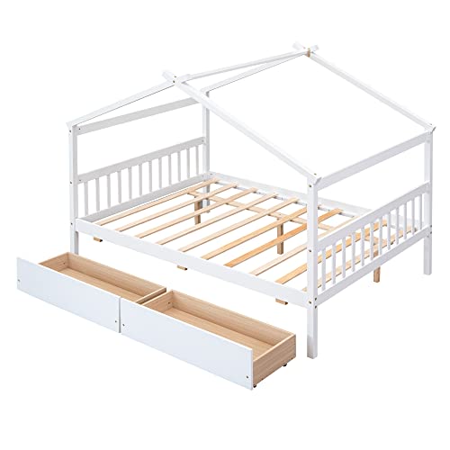 Merax Full Size Wooden House Bed with Two Drawers, Wood Bed Frame with Roof for Kids, Teens, Boys or Girls, White