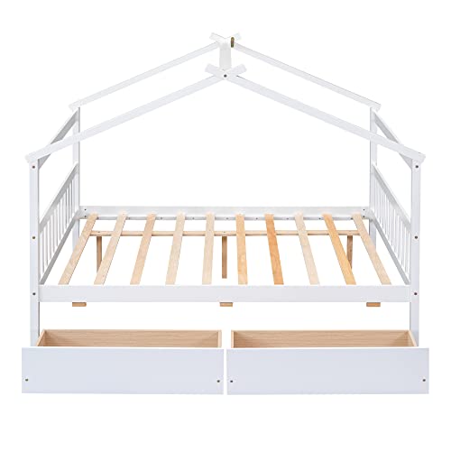 Merax Full Size Wooden House Bed with Two Drawers, Wood Bed Frame with Roof for Kids, Teens, Boys or Girls, White