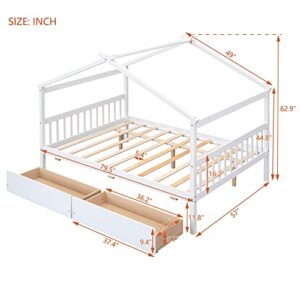 Merax Full Size Wooden House Bed with Two Drawers, Wood Bed Frame with Roof for Kids, Teens, Boys or Girls, White