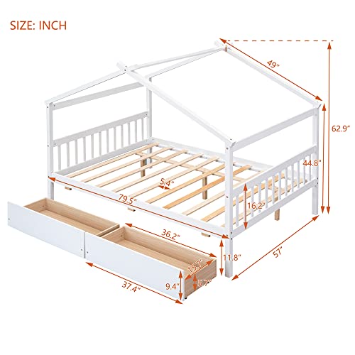 Merax Full Size Wooden House Bed with Two Drawers, Wood Bed Frame with Roof for Kids, Teens, Boys or Girls, White