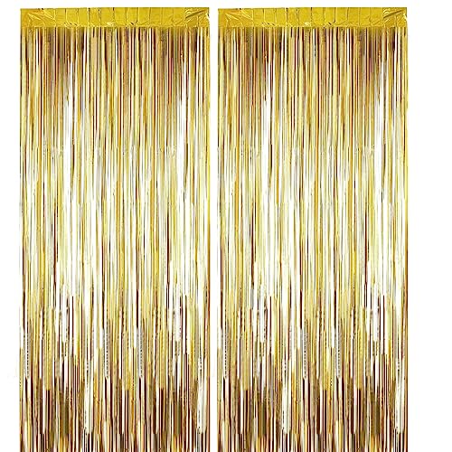 2 Pack 3.2 ft x 9.8 ft Champagne Gold Gold Tinsel Curtain Party Backdrop Decorations, Metallic Foil Fringe Backdrop Door for Birthday Graduation Wedding Party Streamers Photo Backdrop.